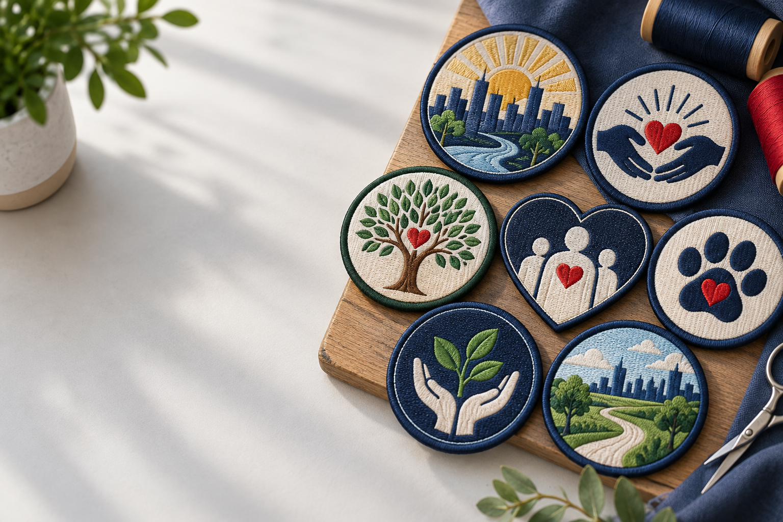 Design examples of custom embroidered patches Houston nonprofits can use for volunteer crews, fundraising, and service recognition