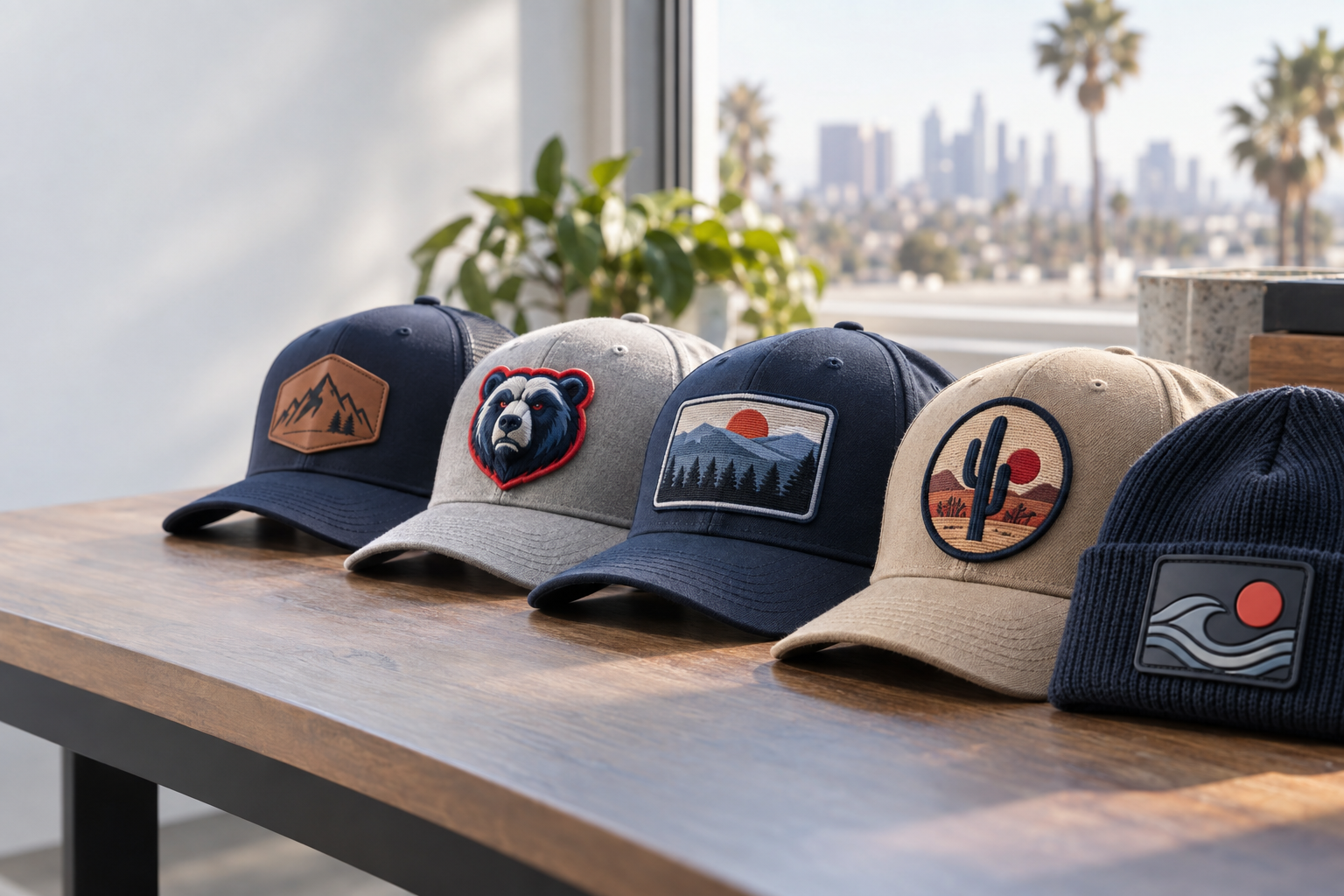 3D embroidered patches Los Angeles teams can use on caps and jackets, showing raised letters and flat border stitching