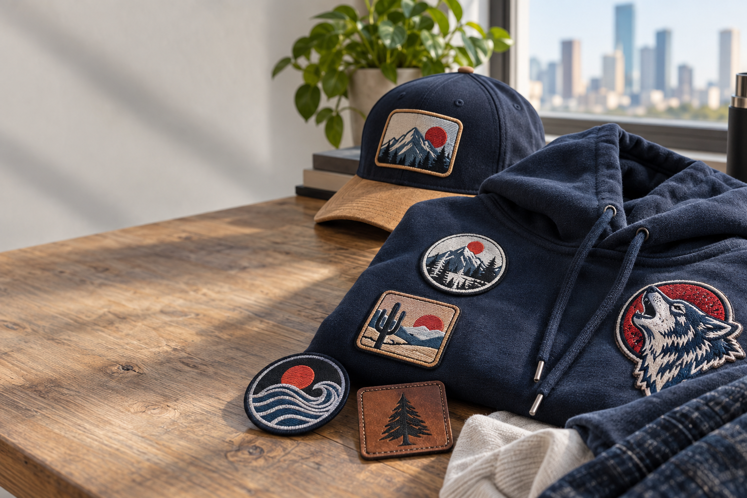 Comparing custom woven patches Houston streetwear brands could use on a twill cap, denim overshirt, and cotton hoodie