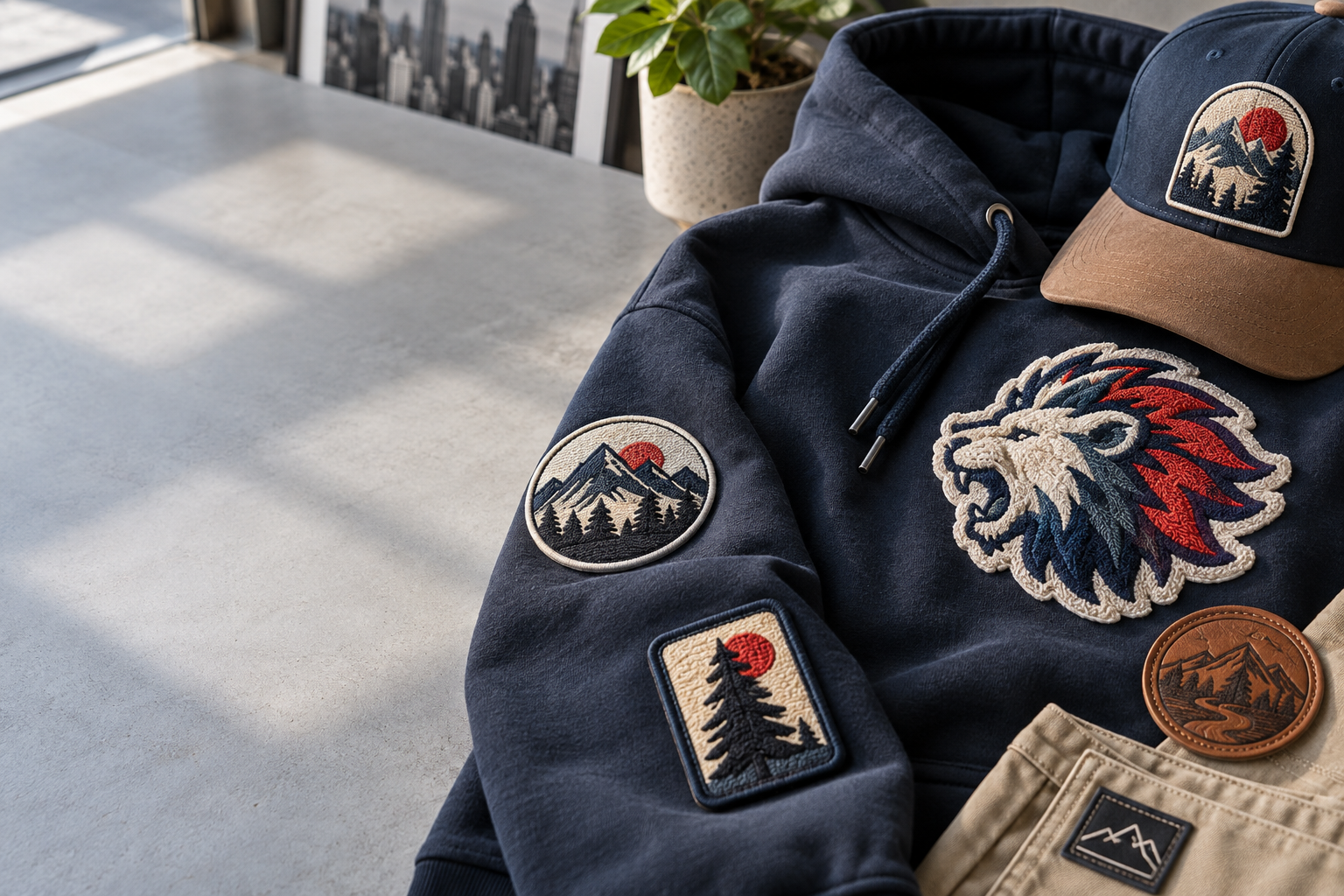 3D embroidered patches New York streetwear design showing raised block lettering, a flat stitched border, and cap placement