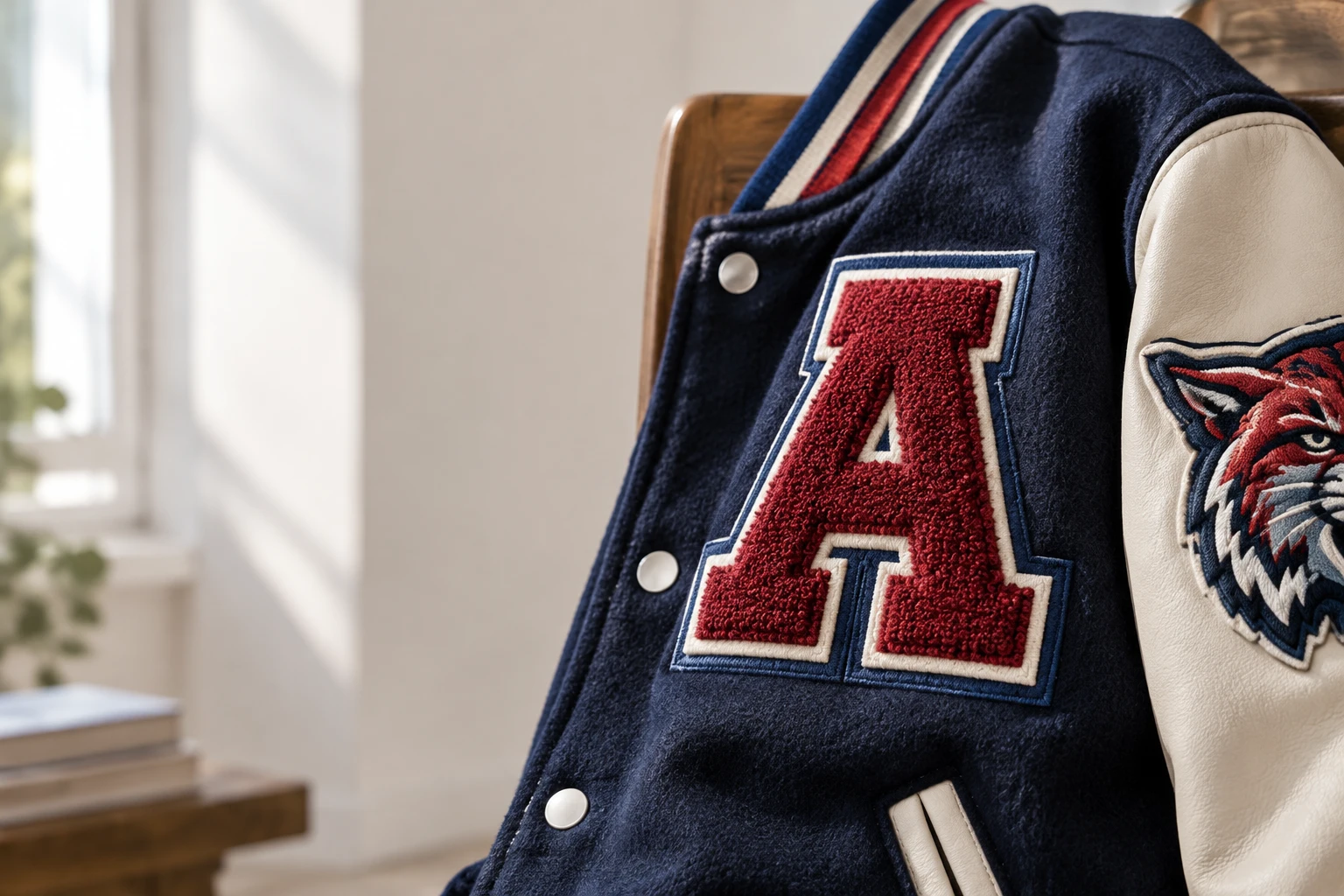 Felt-backed chenille patches Phoenix varsity teams can use on letterman jackets, shown with embroidered details and contrasting borders