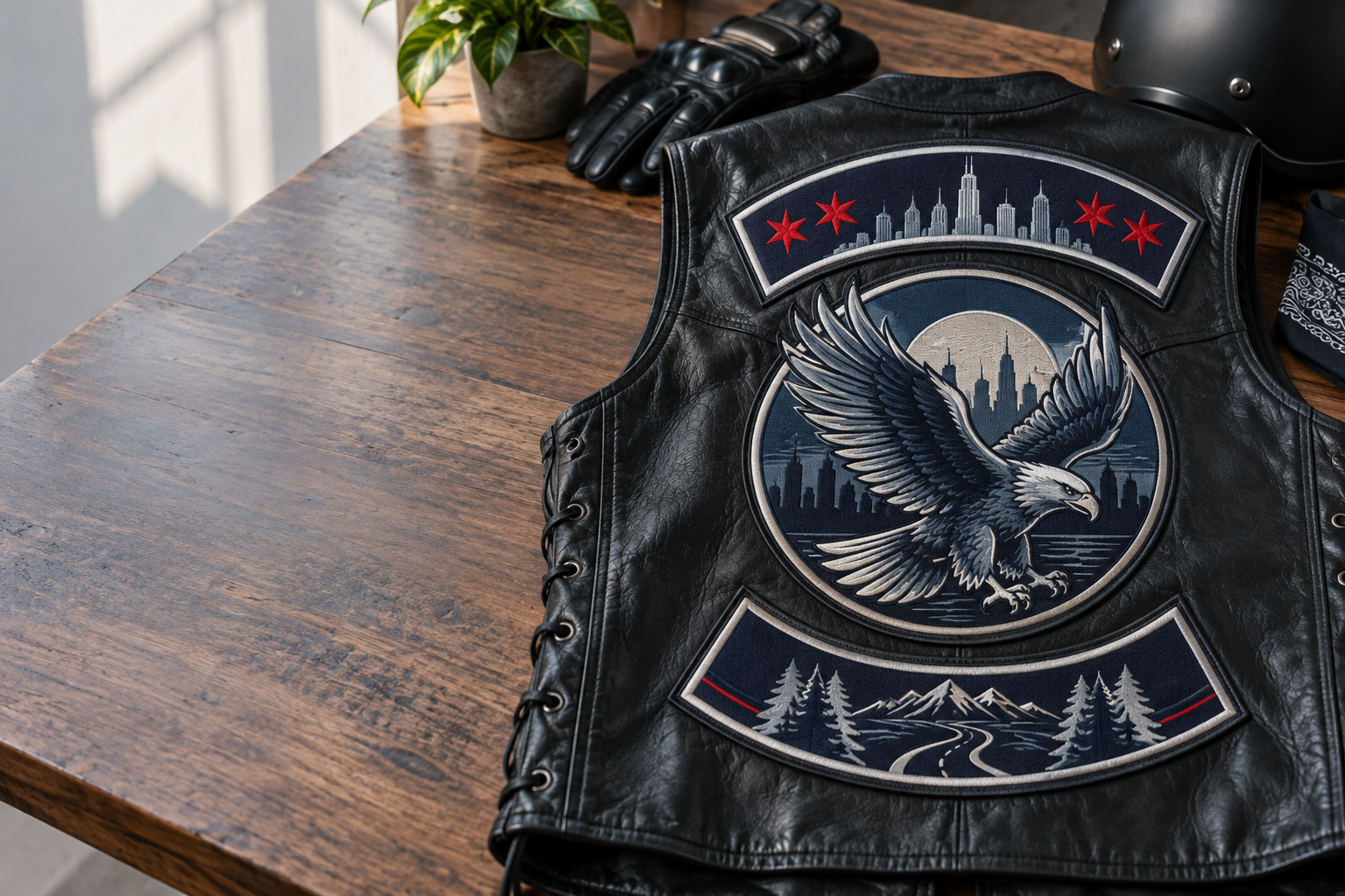 Sew-on custom biker patches Chicago motorcycle clubs can size for denim and leather vests