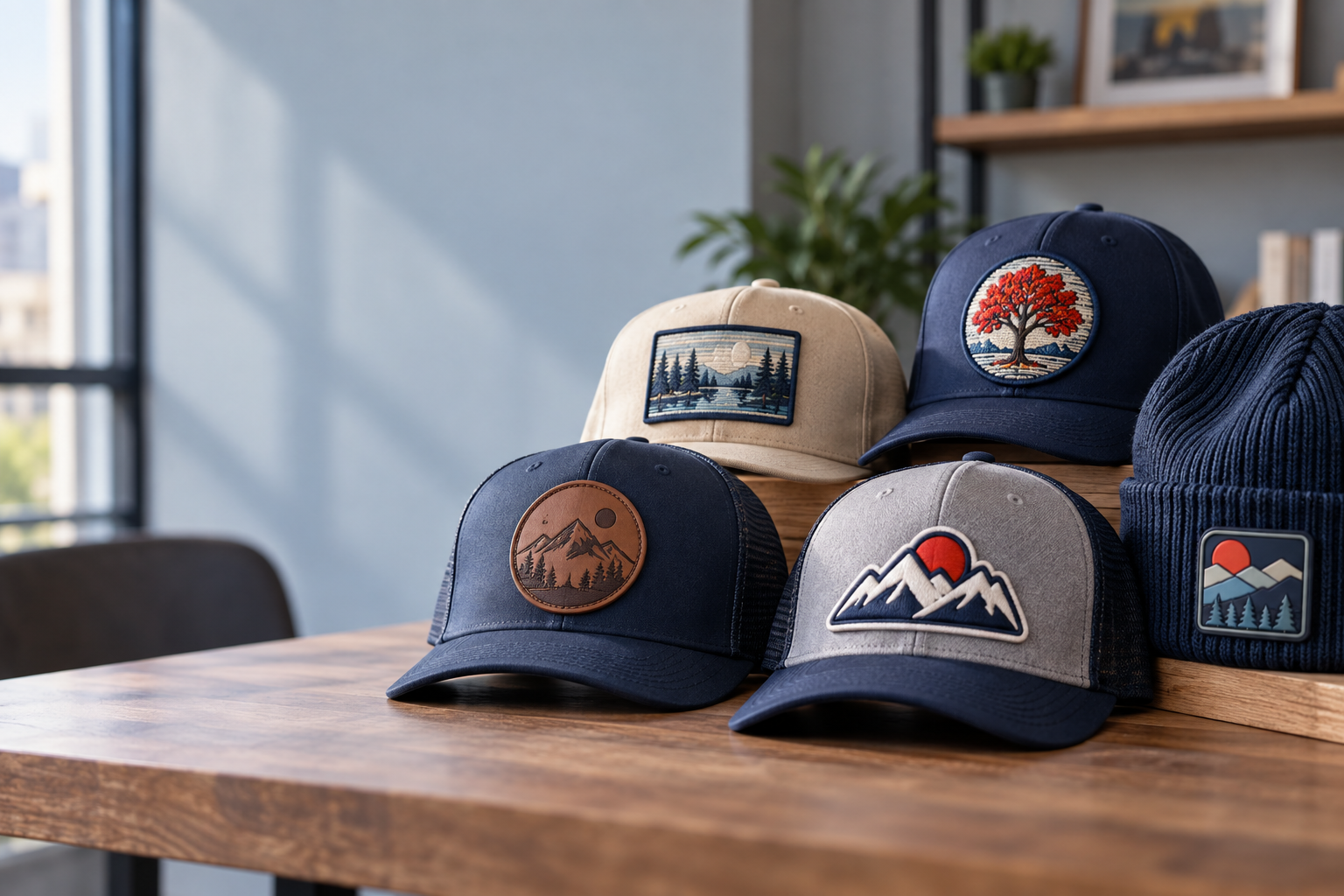 Sizing and backing examples for custom embroidered patches Chicago schools use on letterman jackets, polos, and caps