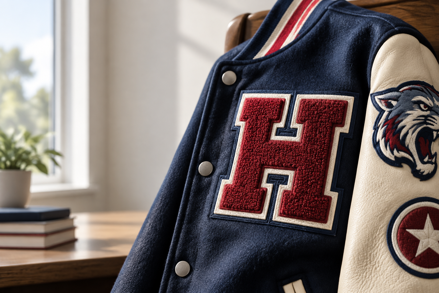Design comparison for chenille patches Houston high schools can use on letterman jackets, showing felt borders and embroidered details