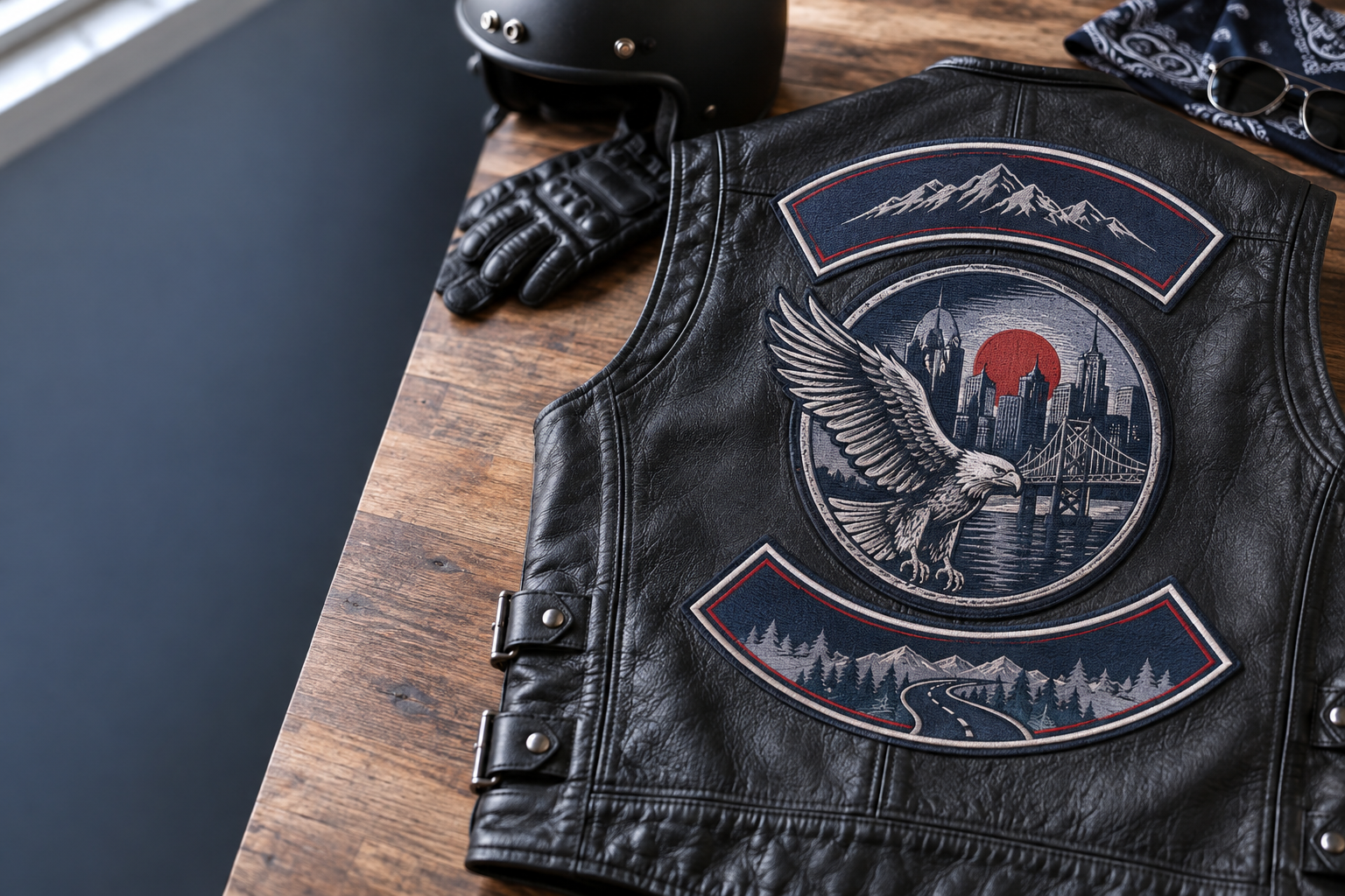 Sizing layout for custom biker patches New York rally organizers can use on denim vests, leather jackets, and caps