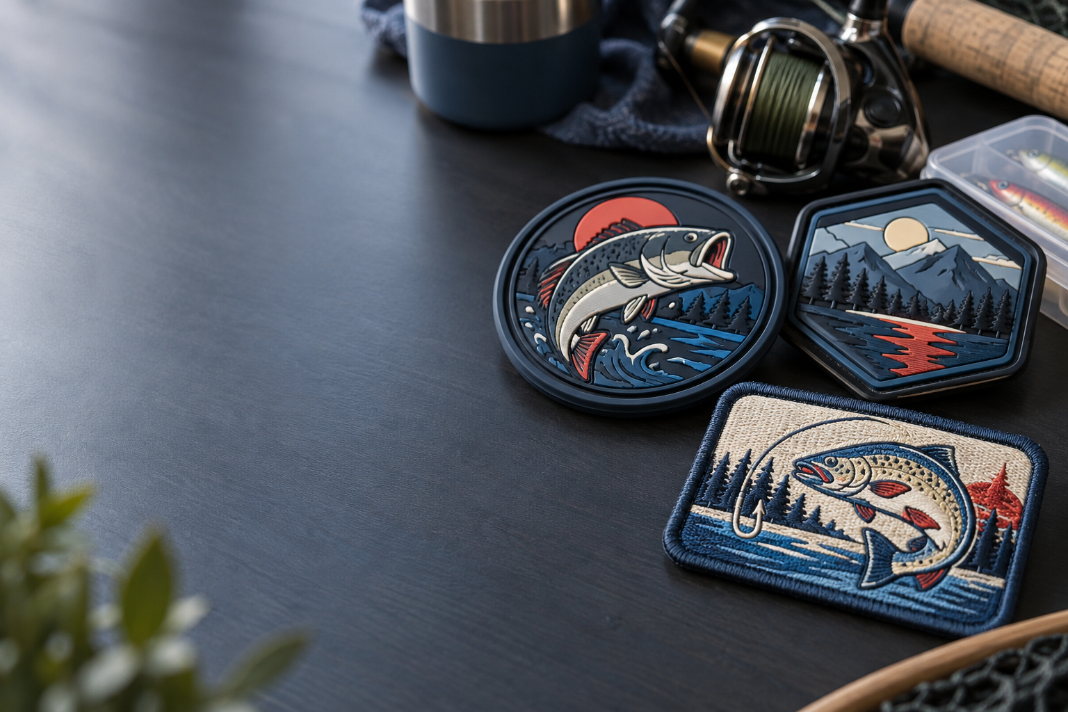 Sizing and backing examples for custom PVC patches Houston fishing clubs can use on caps and tackle bags