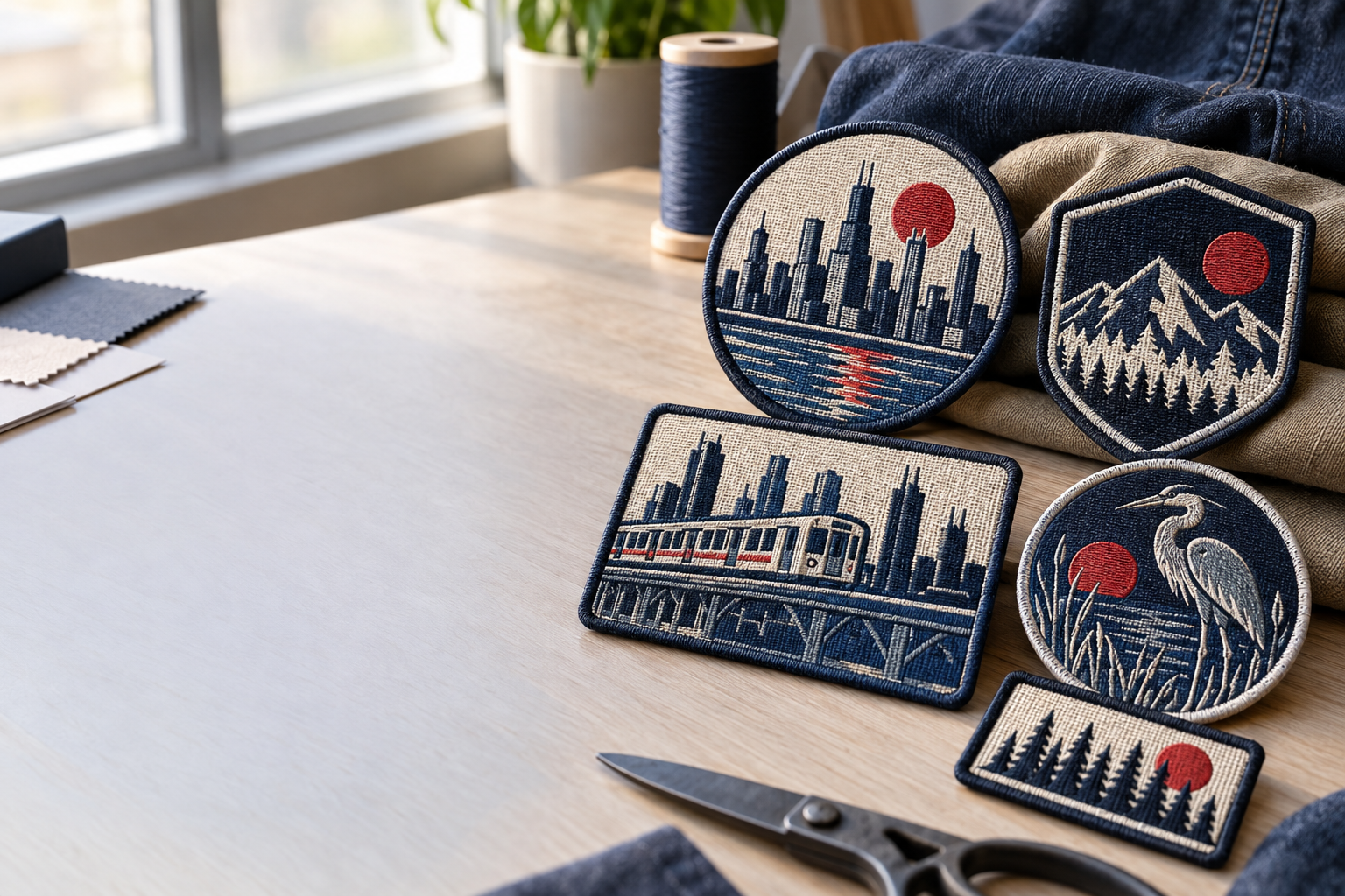 Sizing and backing examples for custom woven patches Chicago clothing brands use on caps, jackets, and overshirts