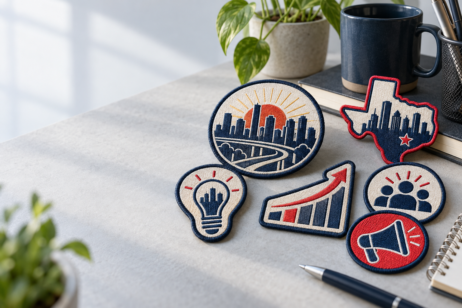 Sizing and backing examples for custom printed patches Houston marketing teams can order for caps, polos, and jackets