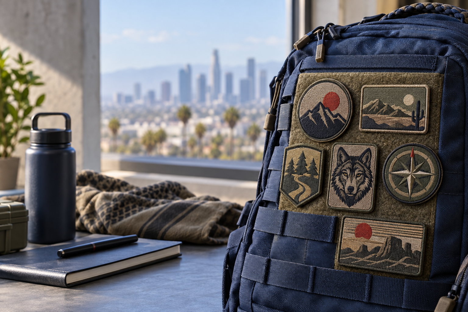 Production planning for custom military patches Los Angeles orders, showing embroidered crests and hook-and-loop backing
