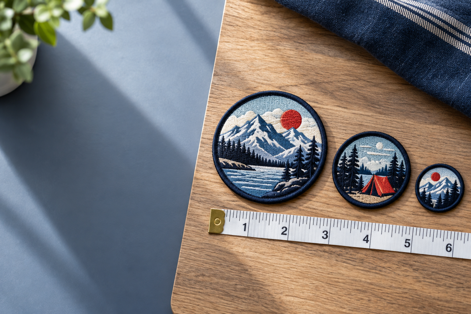 Custom printed patches Chicago buyers can compare by size, border, and backing beside a ruler