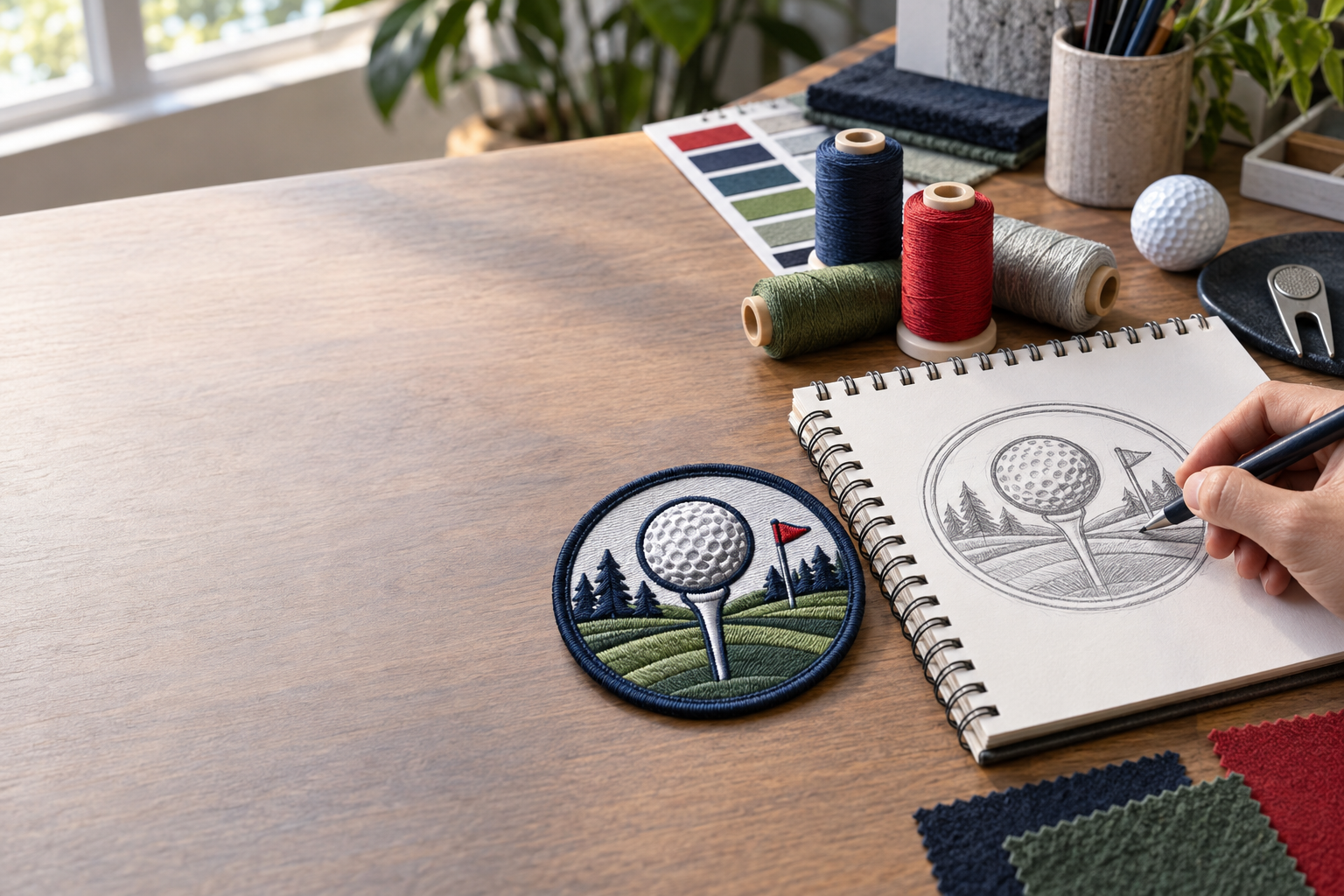 Design layout for 3D embroidered patches Chicago golf clubs can use on caps and outerwear, showing raised initials and flat crest details