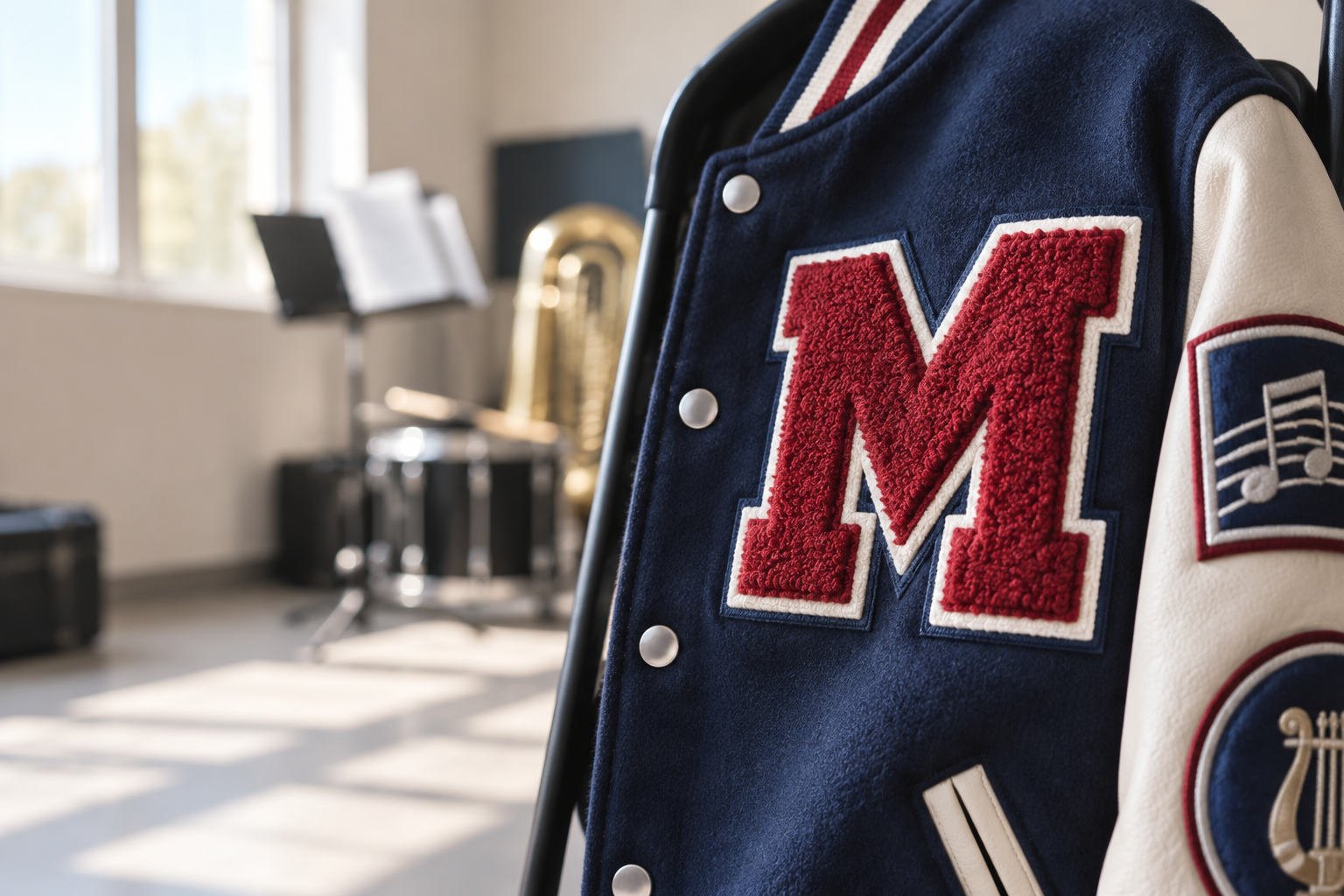 Design layout for chenille patches Los Angeles marching bands can use on letterman jackets, showing finished dimensions and felt borders