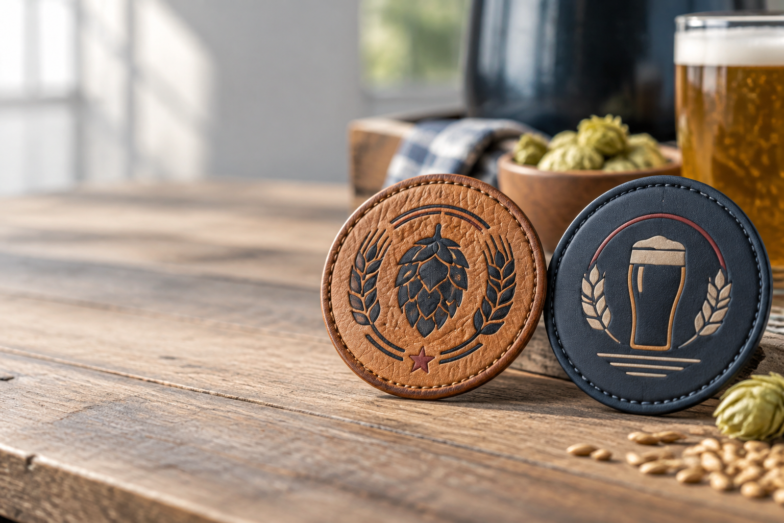 Sizing layout for custom leather patches Houston breweries can use on caps and canvas aprons