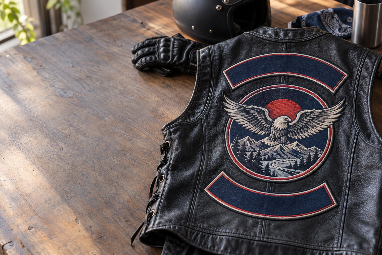 Layout for custom biker patches Los Angeles veteran riders can measure against a leather vest before ordering