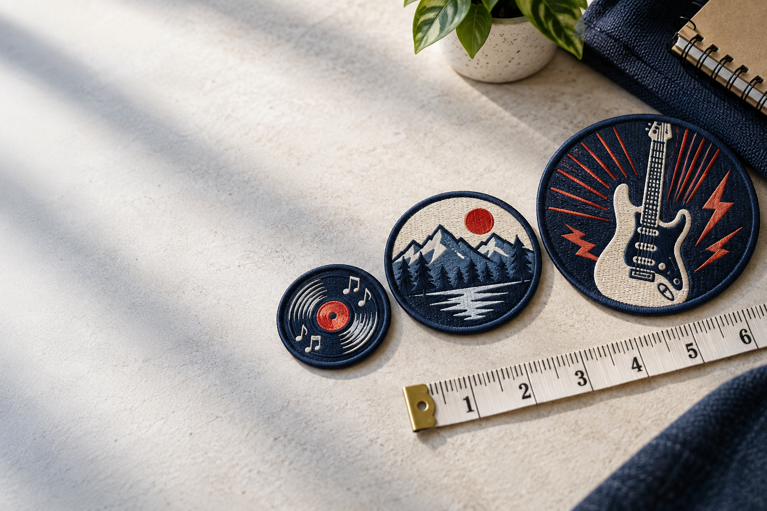 Style comparison for custom printed patches Los Angeles bands can use on denim jackets, caps, and merchandise