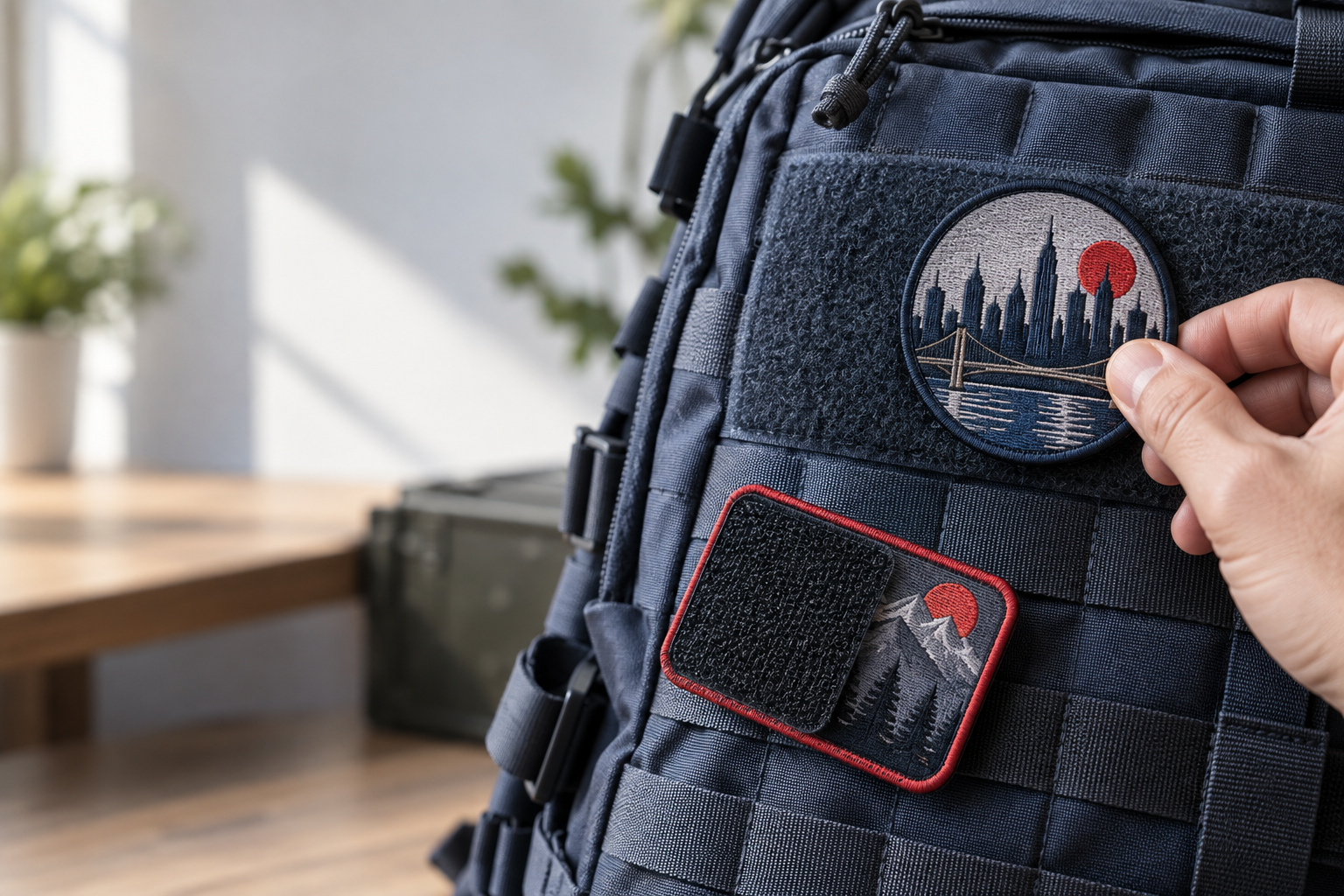 Design comparison for custom velcro patches New York airsoft teams, showing embroidered, woven, and PVC faces with hook backing