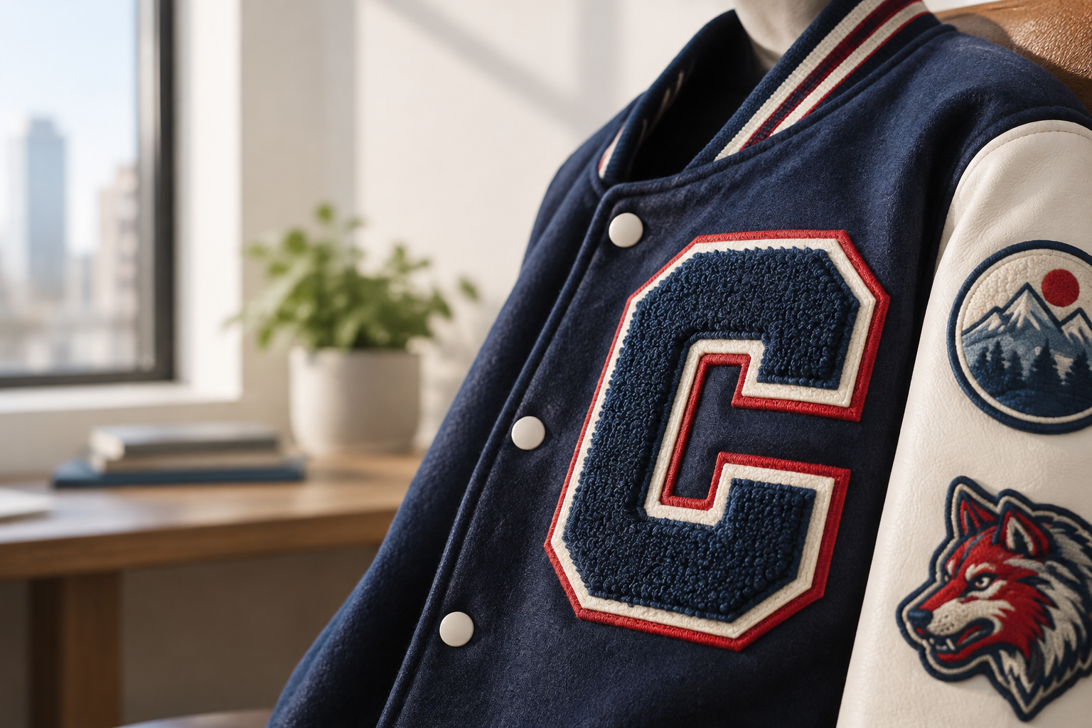 Letterman jacket layout showing chenille patches Chicago teams can order with contrasting felt borders