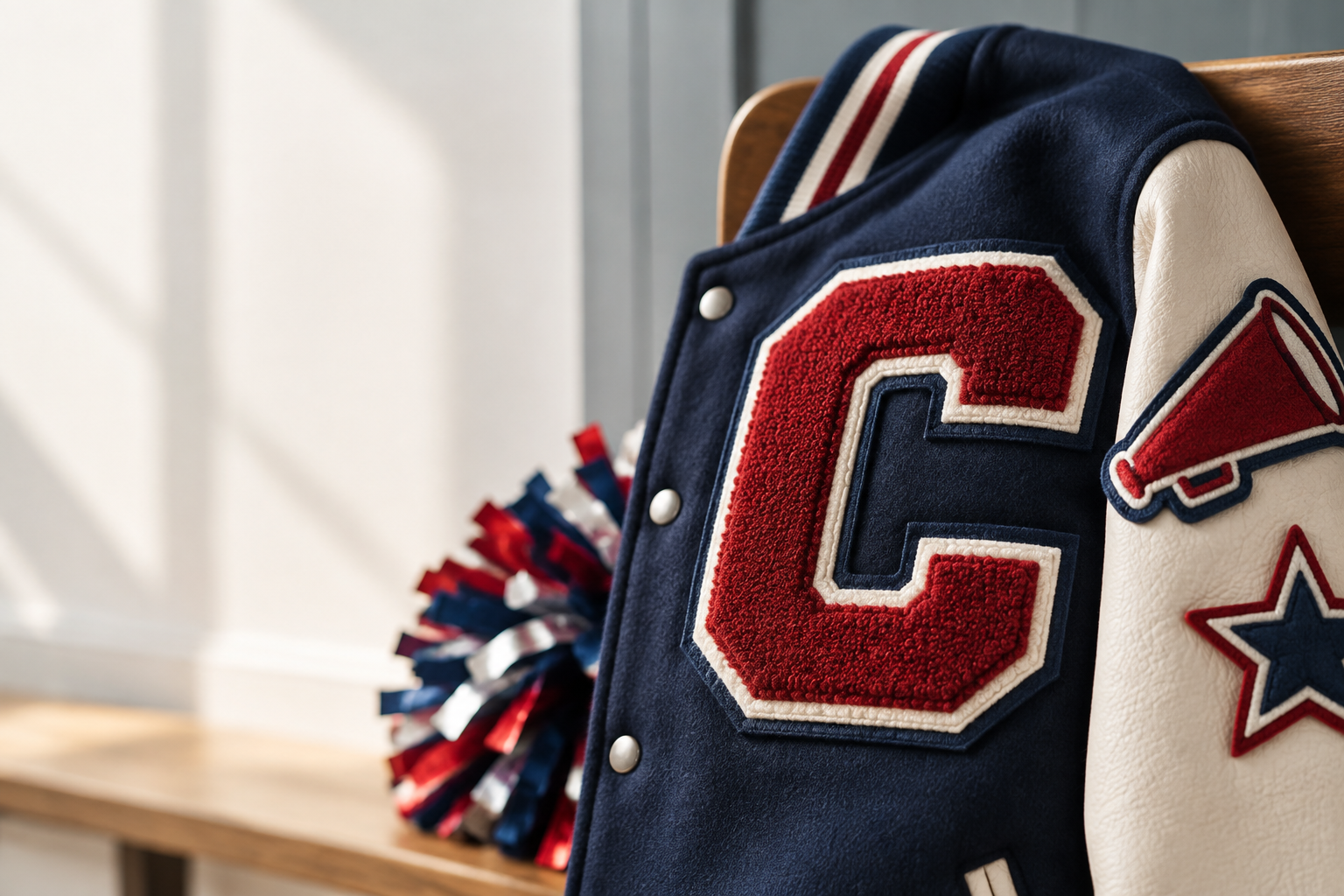 Varsity cheer jacket lettering showing chenille patches New York squads can specify in school colors