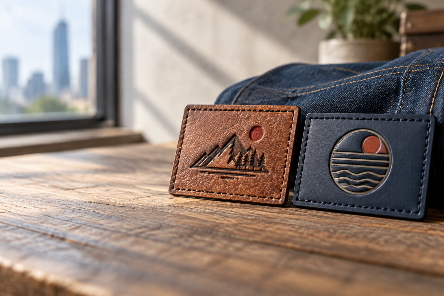 Material and size samples of custom leather patches Chicago denim brands can use on jeans, jackets, and caps
