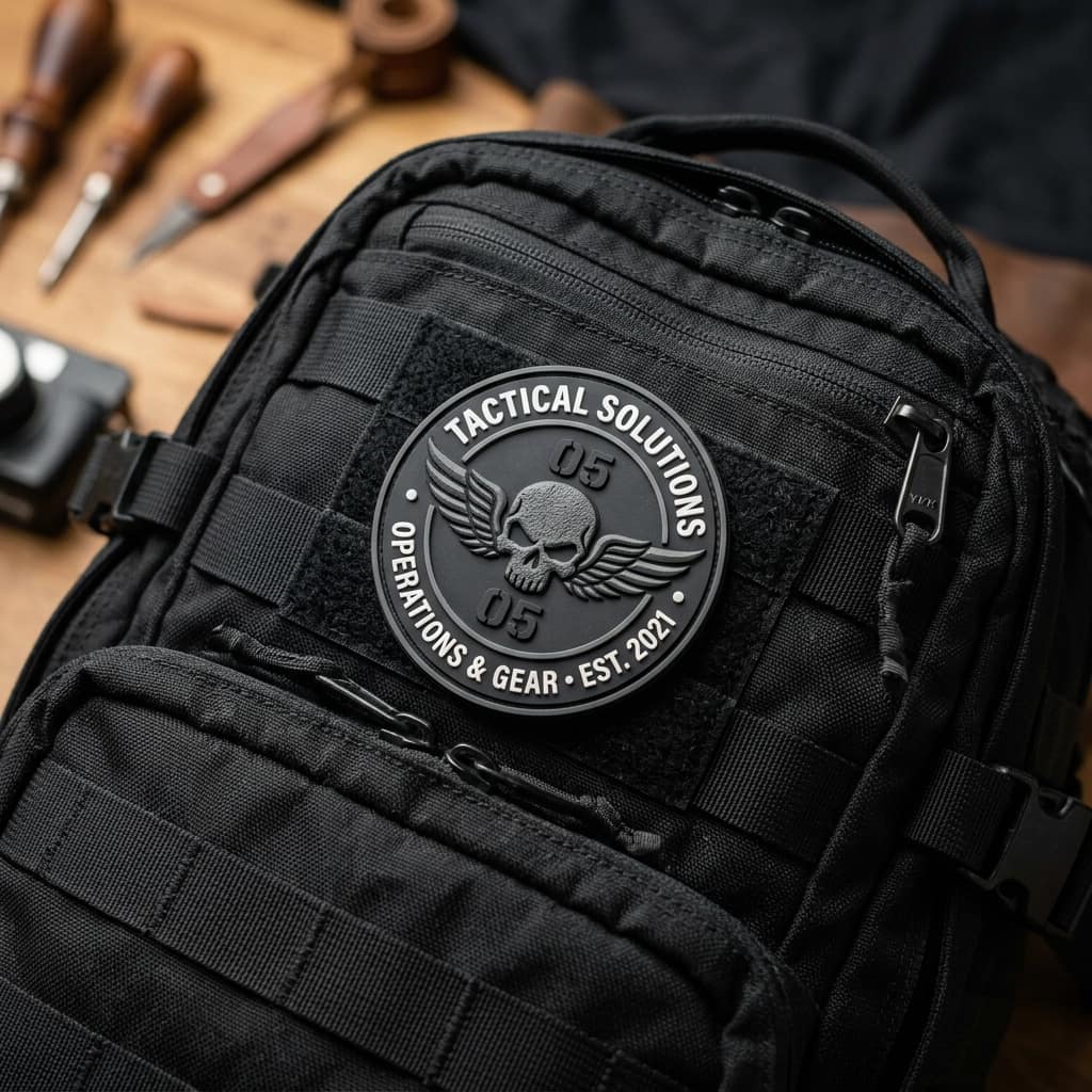 Custom PVC patch sample on a backpack